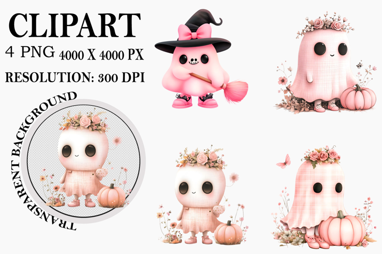 Pink Ghost whimsical Halloween clipart Watercolor PNG