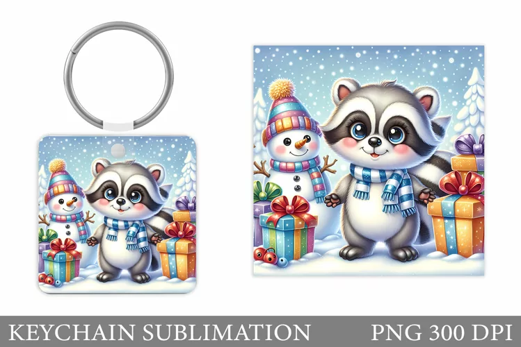 Christmas Raccoon Keychain. Christmas Keychain Sublimation