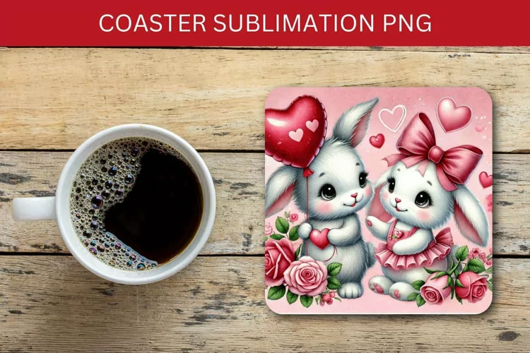 valentine square coaster - rabbit bunny couple