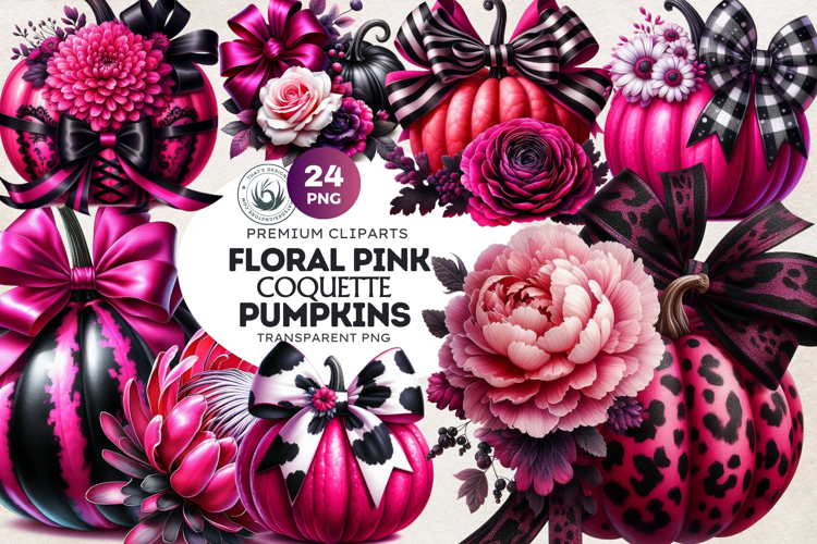 Floral Pink Coquette Pumpkins with bow PNG Set, Girly bow