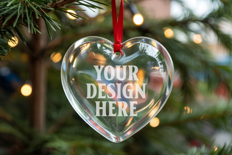 Christmas Heart Crystal Glass Ornament Mockup | Clear Heart
