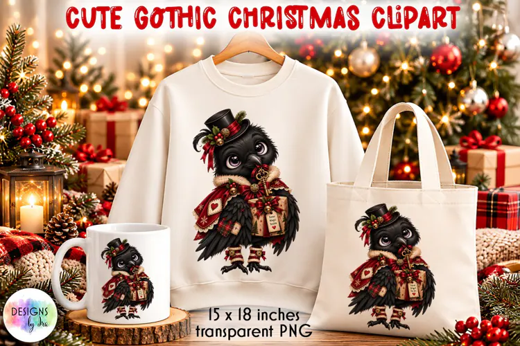 Gothic Christmas Raven in Top Hat PNG Clipart