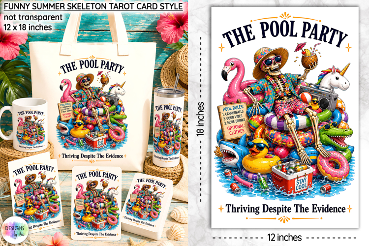 Funny Summer Skeleton Tarot Card Design, Pool Party Print