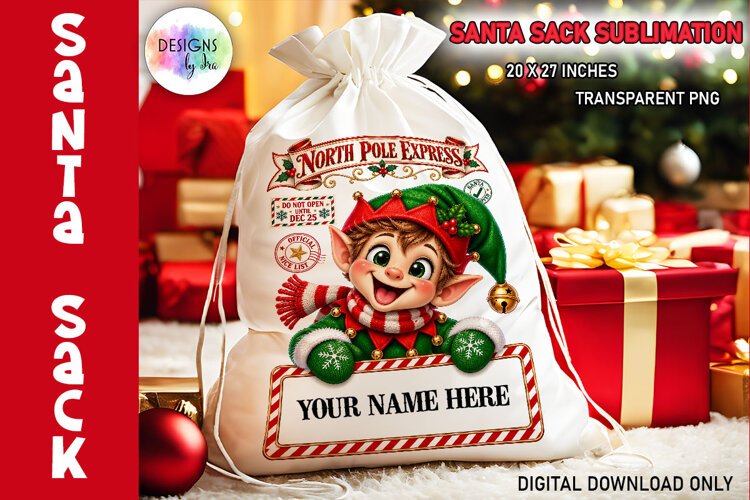 Christmas Elf Boy Santa Sack Sublimation PNG example image 1