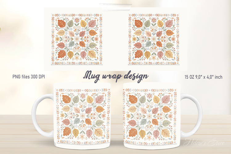 Autumn leaves mug wrap design| Cute Farmhouse folk pattern
