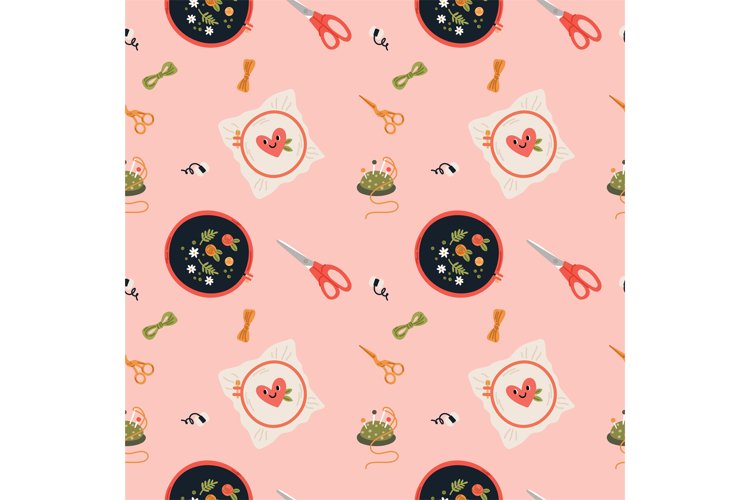 Cartoon embroidery in round hoop seamless pattern. Handmade example image 1