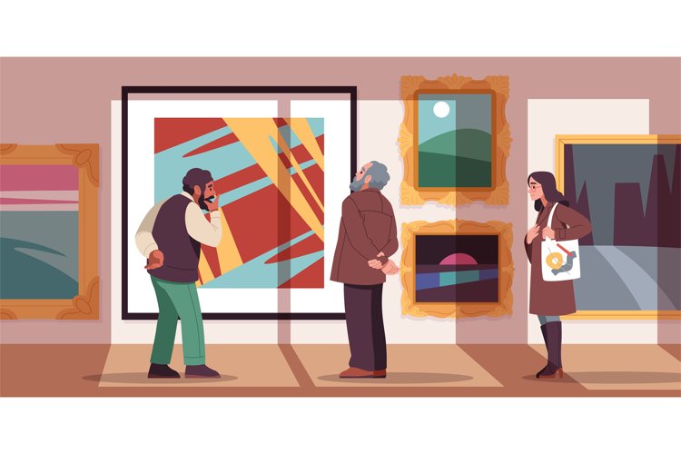 Art gallery visitors. Modern art connoisseurs view painting example image 1