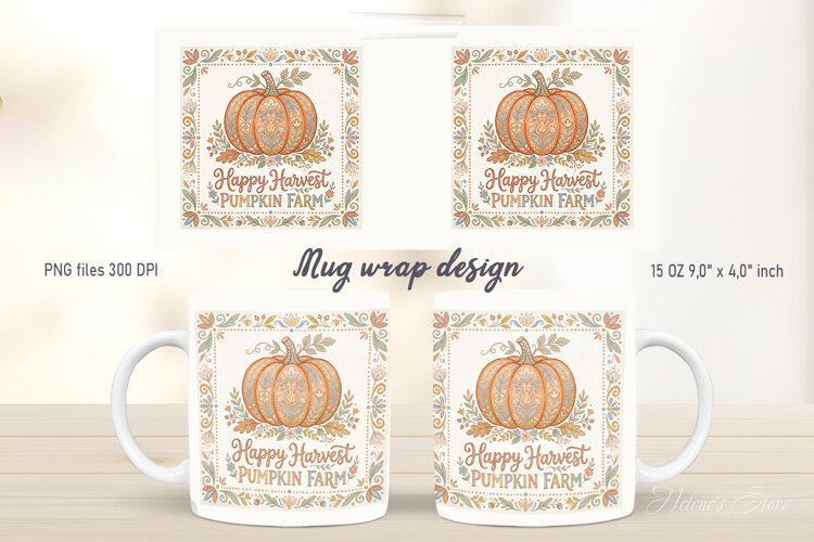 Pumpkin farm mug wrap design| Cute Farmhouse folk pattern example image 1