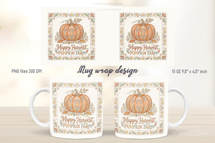 Pumpkin farm mug wrap design| Cute Farmhouse folk pattern