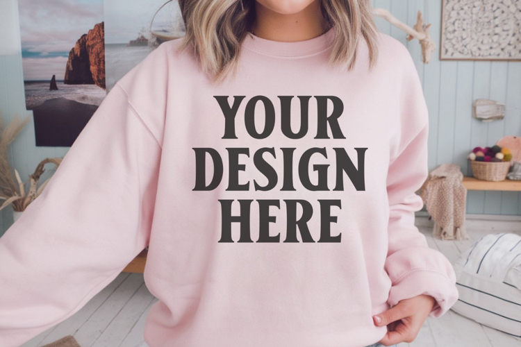 Gildan 18000 Light Pink Mockup , Crewneck Sweatshirt Boho
