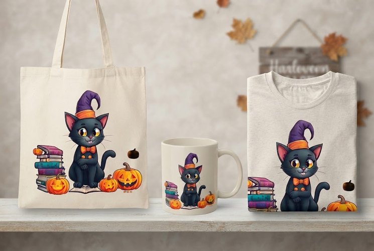 Halloween Black Cat PNG | Witch Cat with Pumpkins Clipart