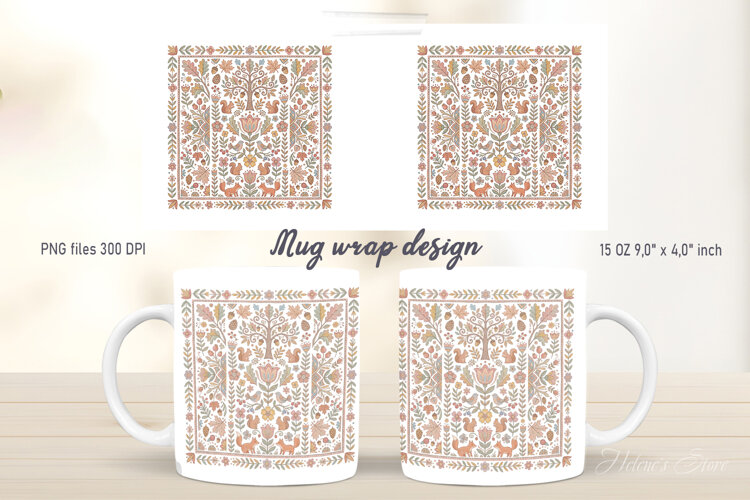 Autumn leaves pattern mug wrap design| Cute Farmhouse folk example image 1
