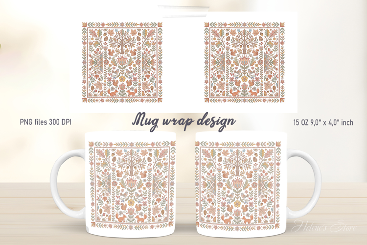 Autumn leaves pattern mug wrap design| Cute Farmhouse folk