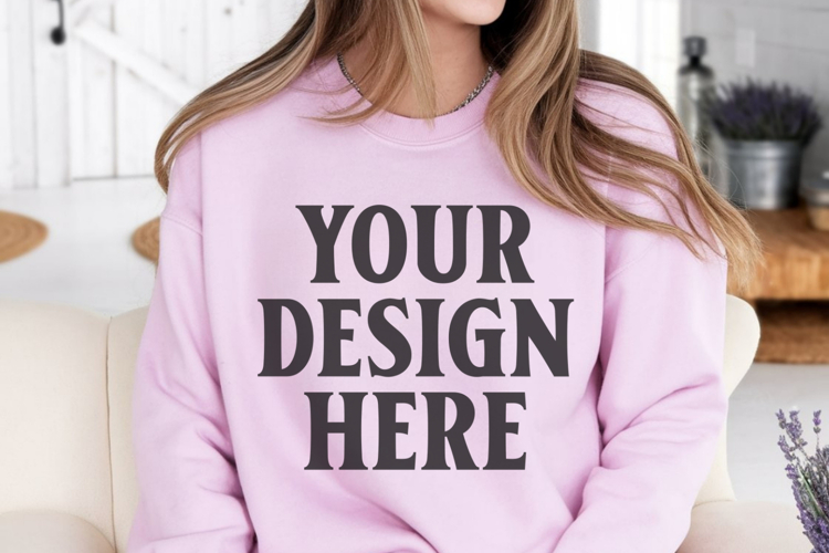 Gildan 18000 Light Pink Mockup , Crewneck Sweatshirt Boho