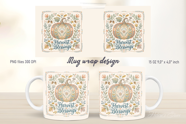 Harvest Blessings pattern mug wrap design | Folk Farmhouse