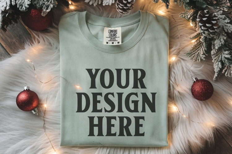 Seafoam Comfort Colors 1717 Christmas Folded T-Shirt Mockup