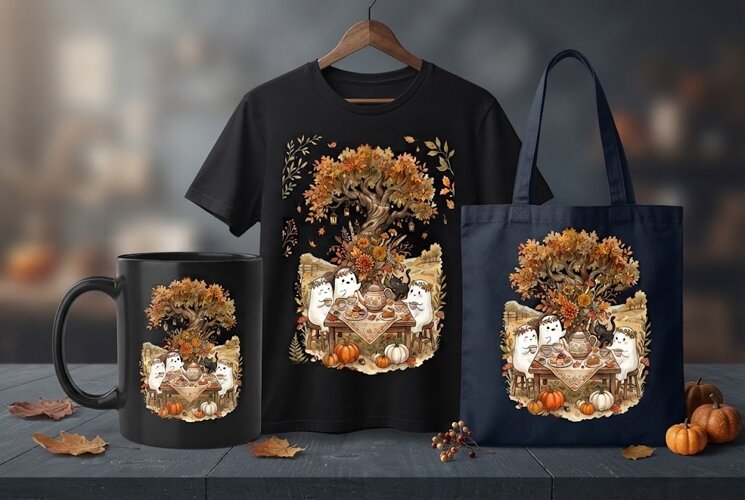 Vintage Watercolor Ghost Tea Party Autumn Design example image 1