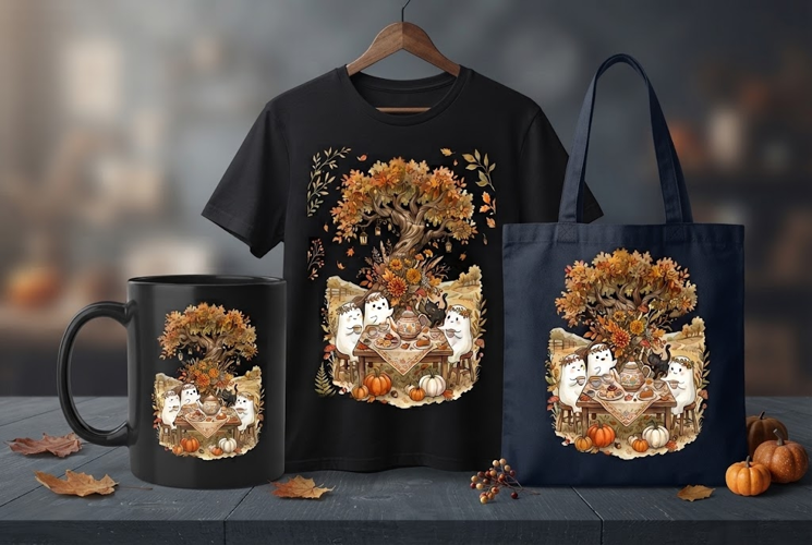 Vintage Watercolor Ghost Tea Party Autumn Design