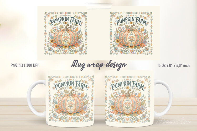 Pumpkin farm mug wrap design|Cute Farmhouse folk pattern png example image 1