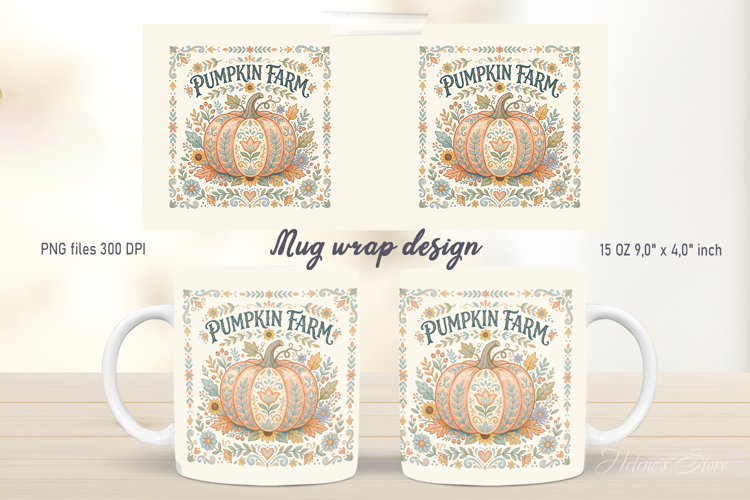 Pumpkin farm mug wrap design|Cute Farmhouse folk pattern png