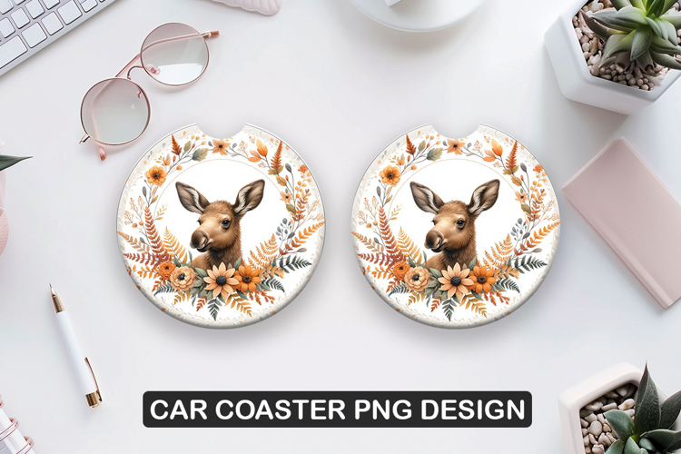 Deer Flowers Car Coaster Sublimation| Animal Coaster PNG
