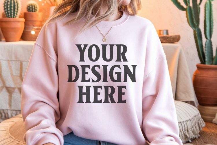Gildan 18000 Light Pink Mockup , Crewneck Sweatshirt Boho