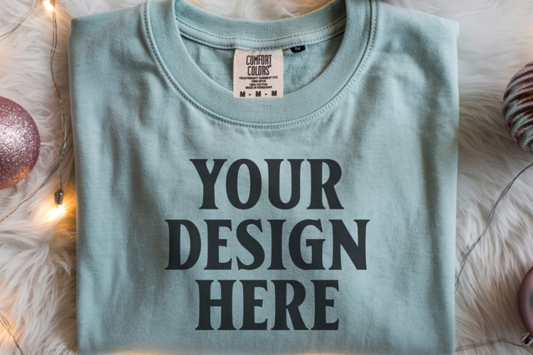 Seafoam Comfort Colors 1717 Christmas Folded T-Shirt Mockup