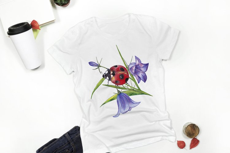 Ladybug bluebell sublimation Watercolor design for print PNG