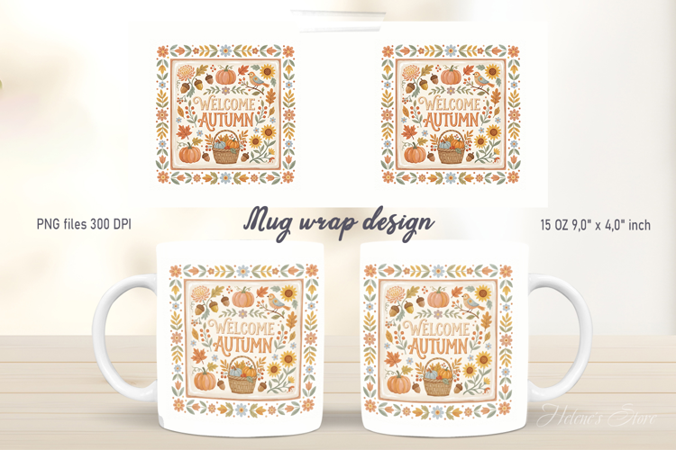 Welcome autumn mug wrap design | Farmhouse folk pattern png