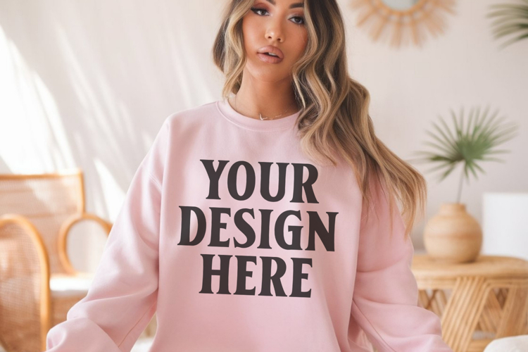Gildan 18000 Light Pink Mockup , Crewneck Sweatshirt Boho