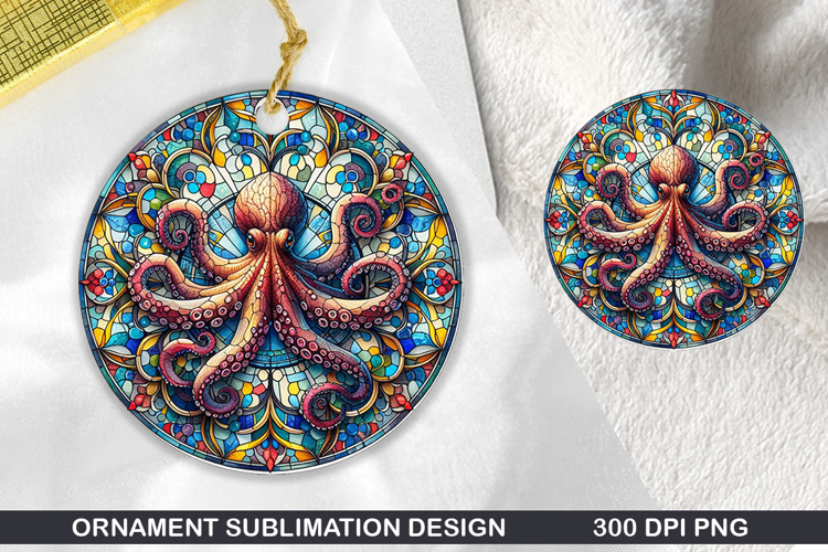 Octopus Stained Glass Ornament PNG, Sublimation PNG Design