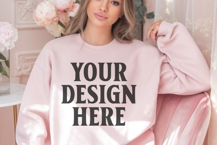 Gildan 18000 Light Pink Mockup , Crewneck Sweatshirt Boho