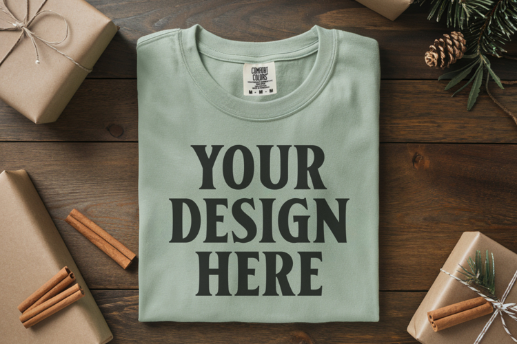 Seafoam Comfort Colors 1717 Christmas Folded T-Shirt Mockup