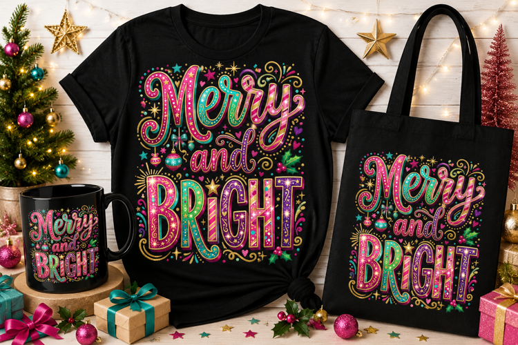 Merry and Bright PNG | Colorful Christmas Typography Design