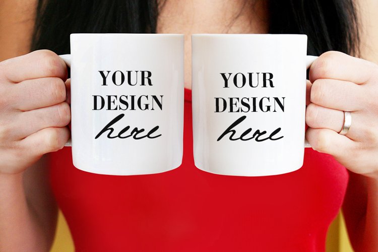 Woman holding two mugs mockup, Double mug mockup with woman