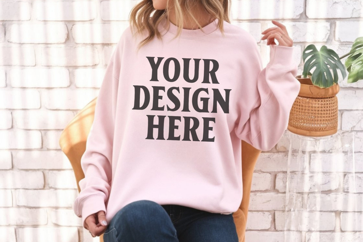 Gildan 18000 Light Pink Mockup , Crewneck Sweatshirt Boho
