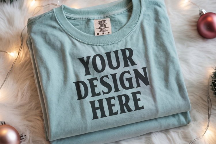 Seafoam Comfort Colors 1717 Christmas Folded T-Shirt Mockup