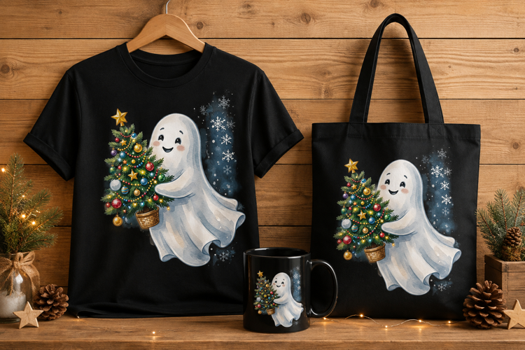 Cute Christmas Ghost Carrying Tree Watercolor Art