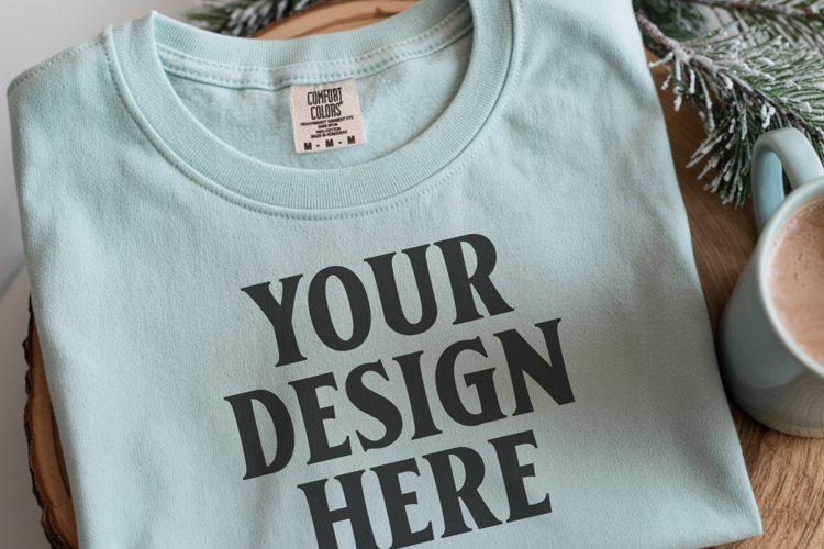 Seafoam Comfort Colors 1717 Christmas Folded T-Shirt Mockup