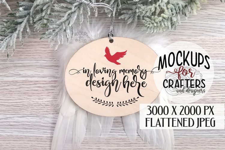 Oval wood Ornament Mock-Up, feather wings, grieving, loss example image 1