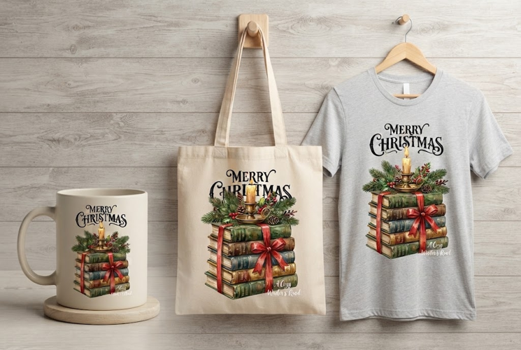 Merry Christmas Vintage Book Stack Holiday Art PNG