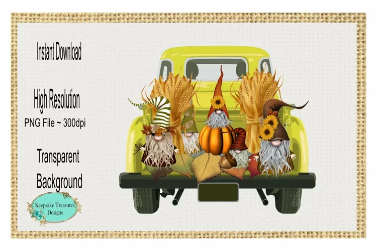 Fall Gnomes, Yellow Country Truck, Sublimation Design