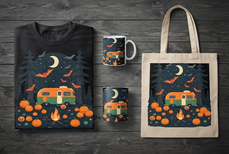 Retro Camper Camping Halloween Design with Pumpkin Patch