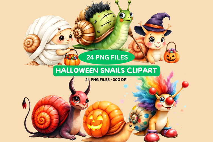 Halloween Snail Clipart PNGs Cute Snails in Costumes - 24png