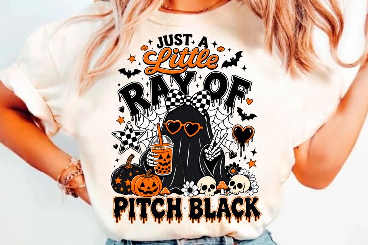 Little pitch black Halloween ghost with pumpkin and spooky
