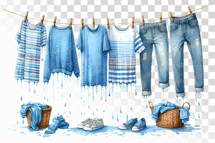 Wet Laundry Hanging on Rope with Baskets and Shoes PNG