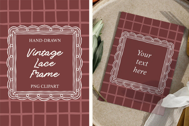 Hand Drawn Vintage Lace Square Frame PNG for Wedding Crafts example image 1
