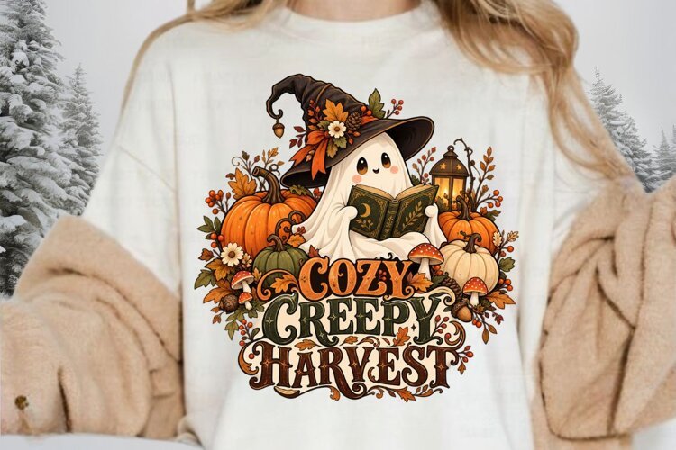 Cozy Creepy Harvest Halloween Ghost Reading Pumpkin example image 1