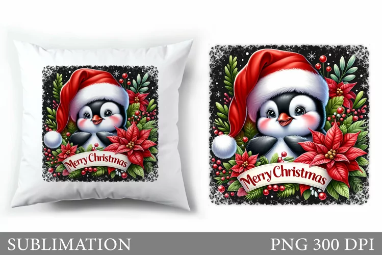 Cute Penguin Pillow Design. Christmas Pillow Sublimation