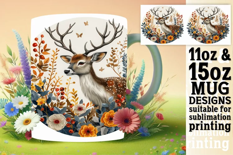Deer Watercolor Spring Mug Wrap Sublimation